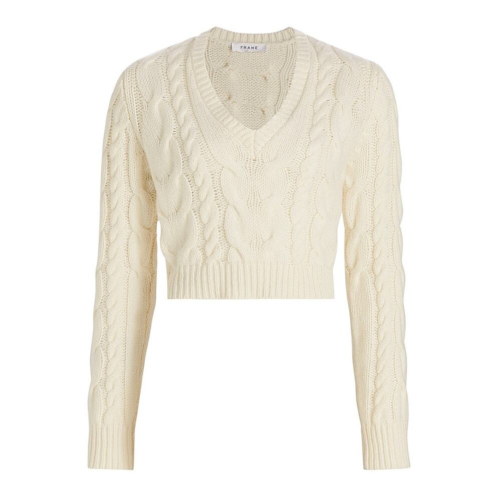Frame Cropped Beige Cable Knit V Neck Sweater Size S